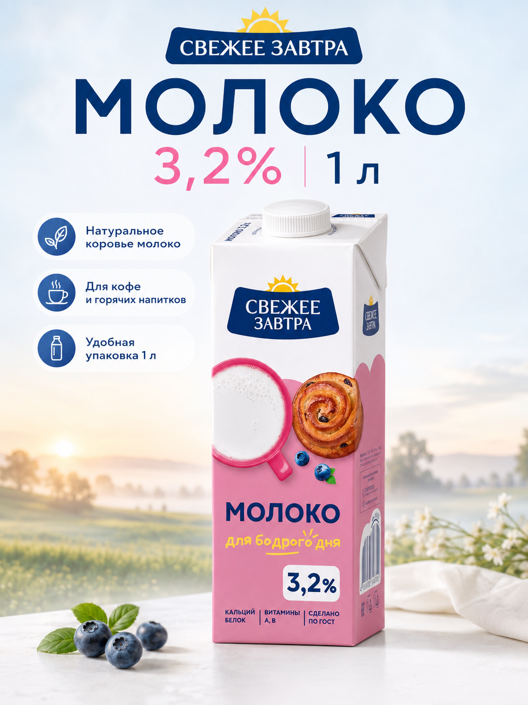 Молоко «Свежее Завтра» 3,2%, 1 л