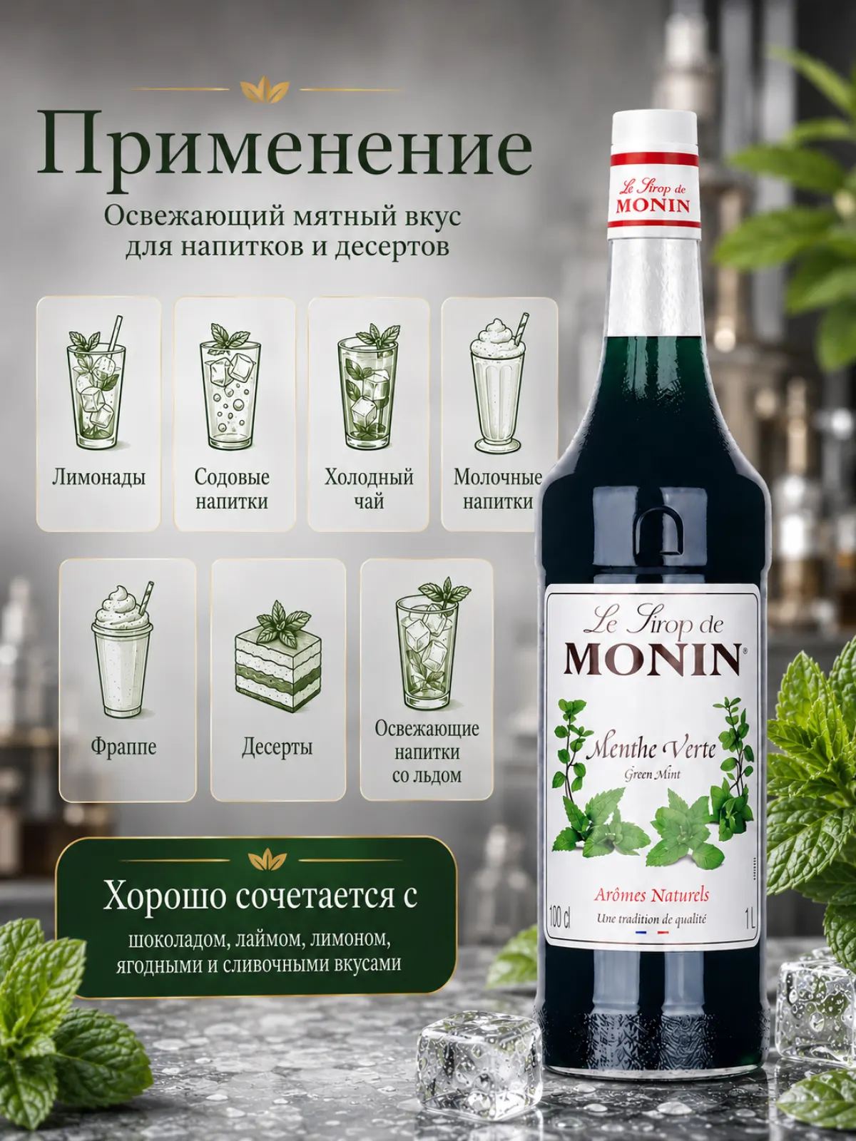Сироп MONIN Зелёная мята, 1 л — фото 2