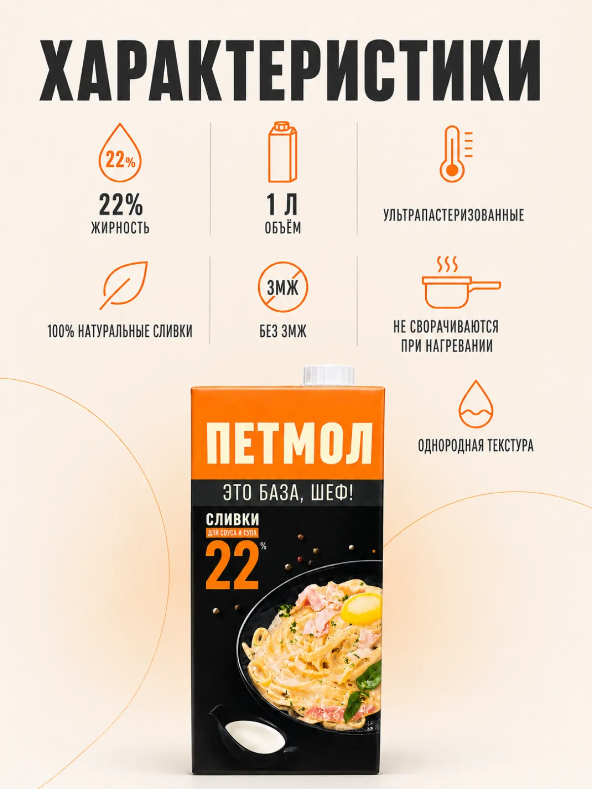 Сливки ультрапастеризованные ПЕТМОЛ 22%, без змж, 1000г — фото 2