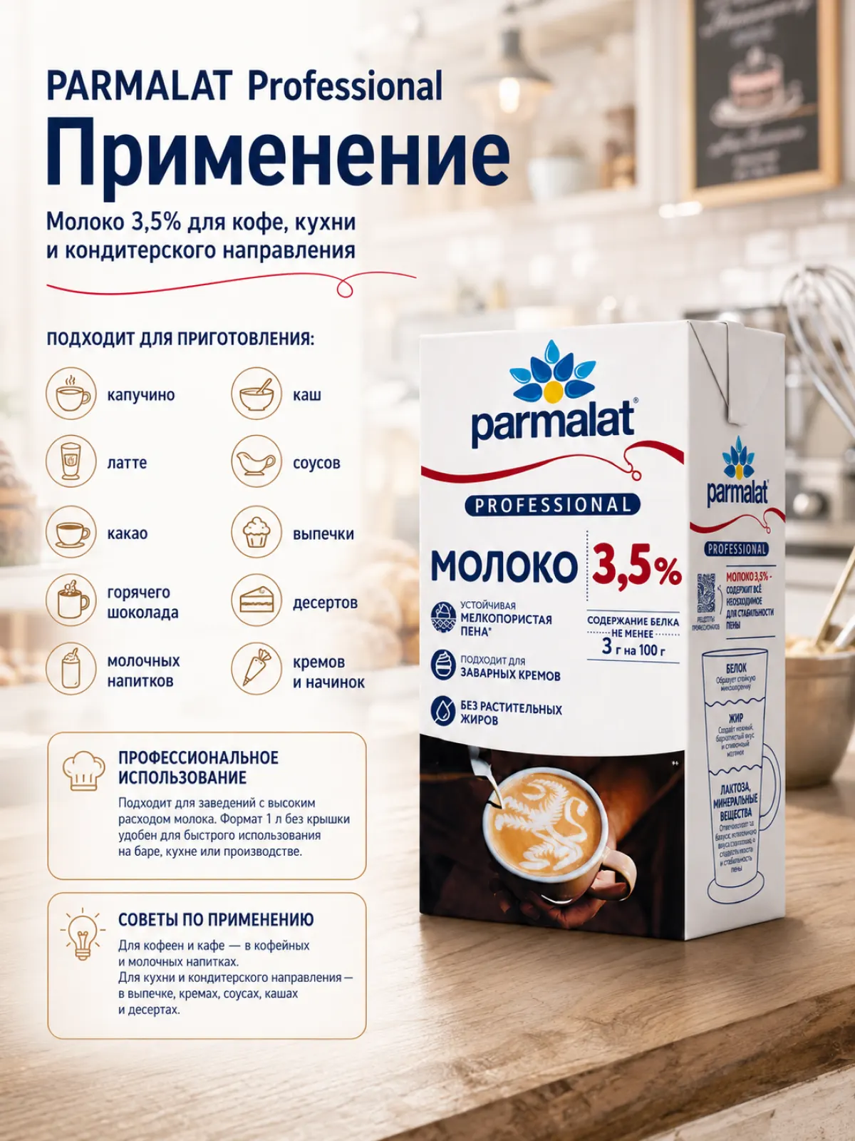 Молоко PARMALAT Professional 3,5%, 1 л, Brik без крышки — фото 2