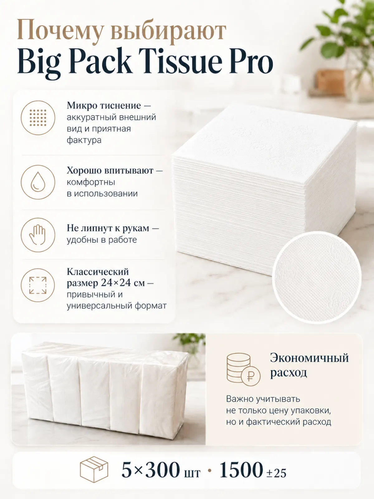 Бумажные салфетки Big Pack Tissue Pro, белые, 1-слойные, 24×24 см — фото 2