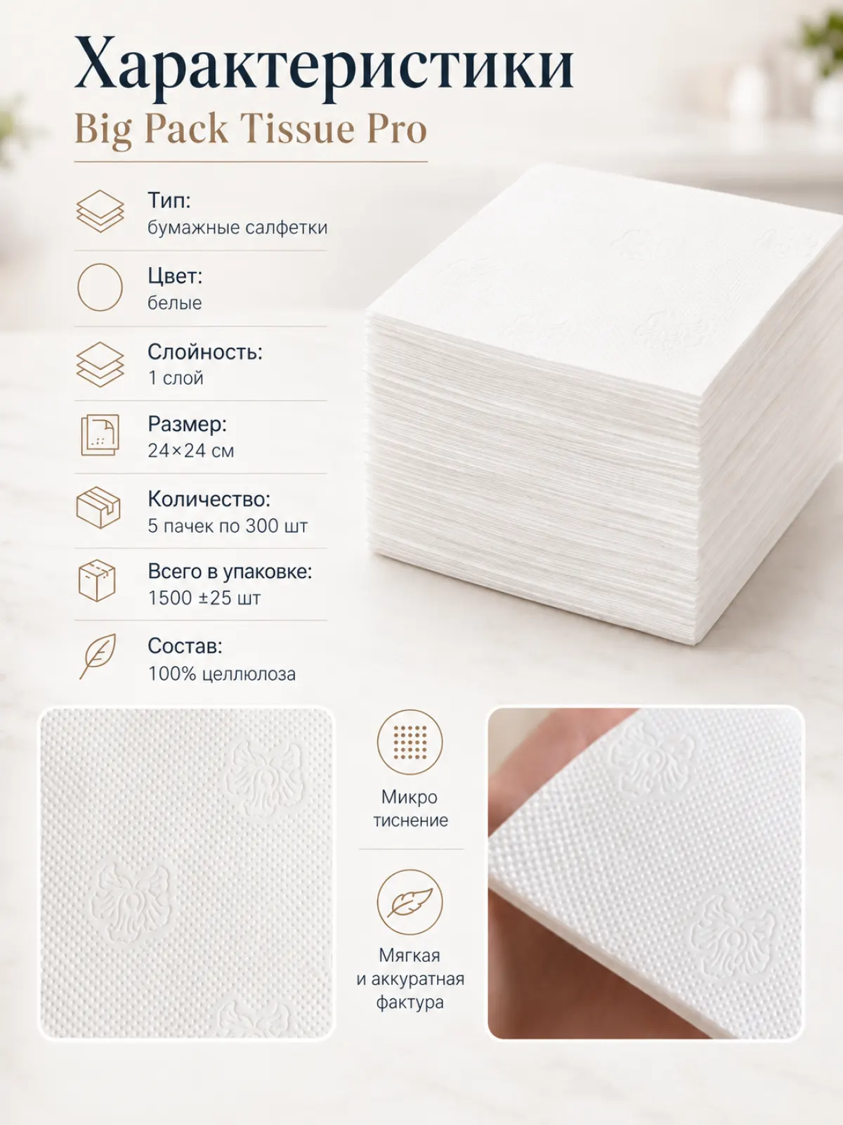 Бумажные салфетки Big Pack Tissue Pro, белые, 1-слойные, 24×24 см — фото 3